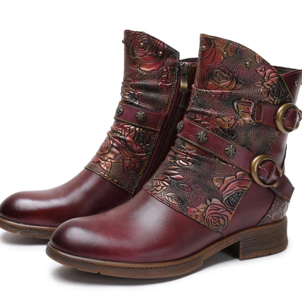 Leather boots, hand embossed in dark red and silver tones, size 38/7.5